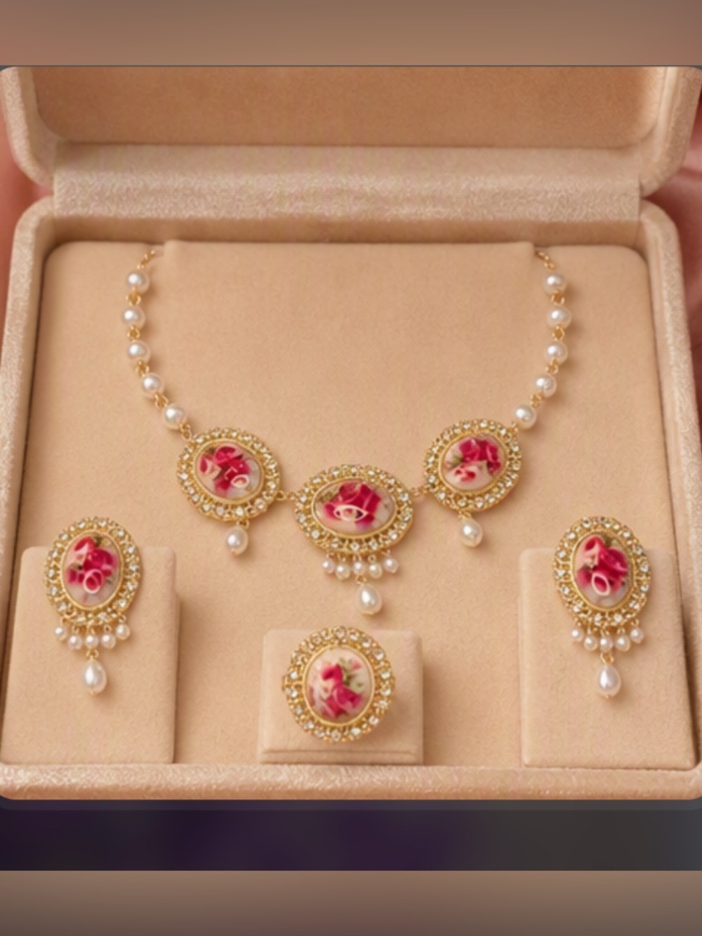🎀 Retro Victorian Vintage Doll Style Gold, Pink & White Pearl Jewelry Set 🎀
